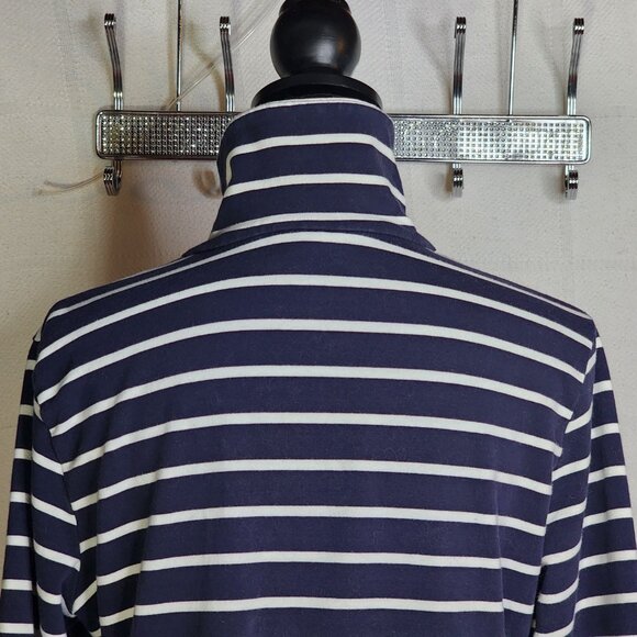 Karen Scott Sport Navy Stripe Cotton Span LS 1/4 Snap Up Stand Collar Top Sz M - Picture 14 of 16